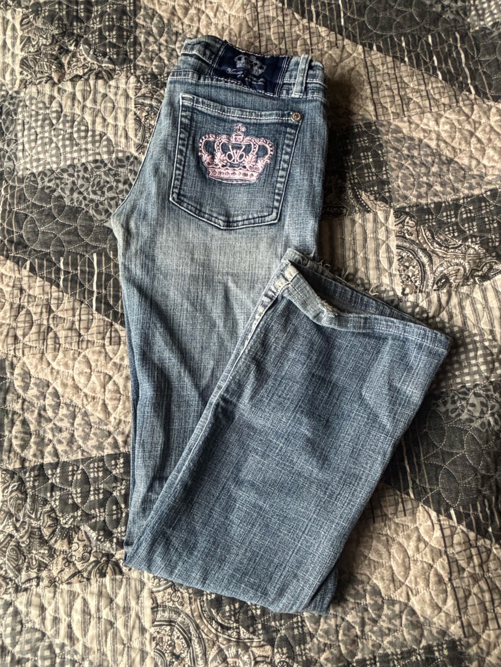 Victoria Beckham Rock & Republic Bootcut Jeans with Pink Crown Embroidery